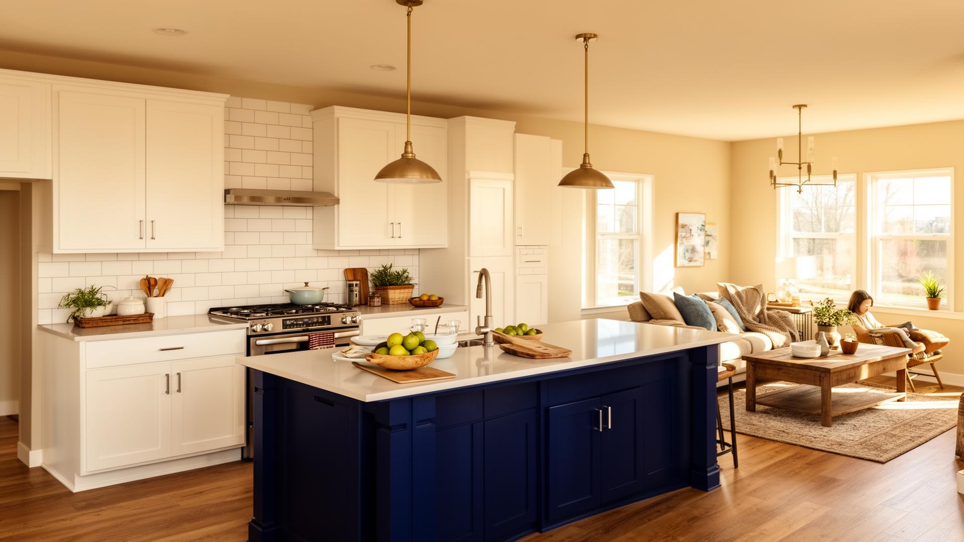 Bright modern manufactured home kitchen and living area